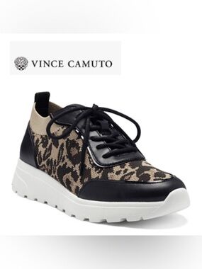 Vince Camuto Anellisa Black and Tan Leopard Knit Platform Sneaker